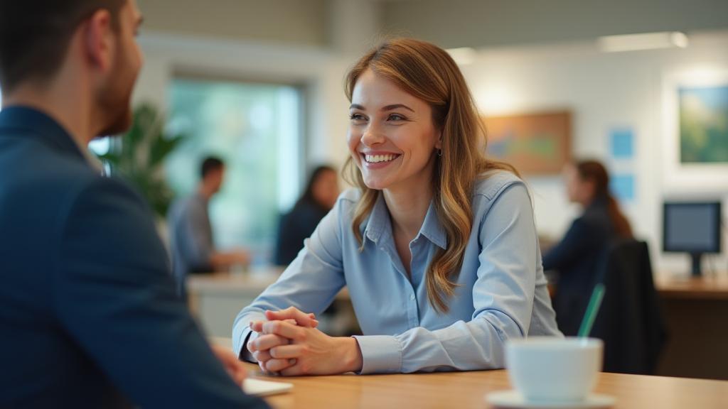 A friendly credit union team member smiling while assisting a customer at a desk, representing excellent customer service.
